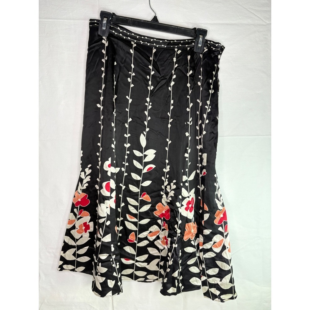 Talbots Womens Black Floral Pure Silk Midi Skirt Size 10 Botanical Print A-Line
